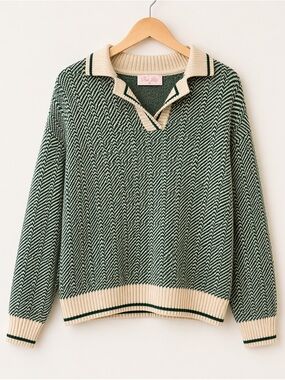 Pink Lily Green Collared Knit Sweater Preppy Textured Pullover Cream Trim Size M